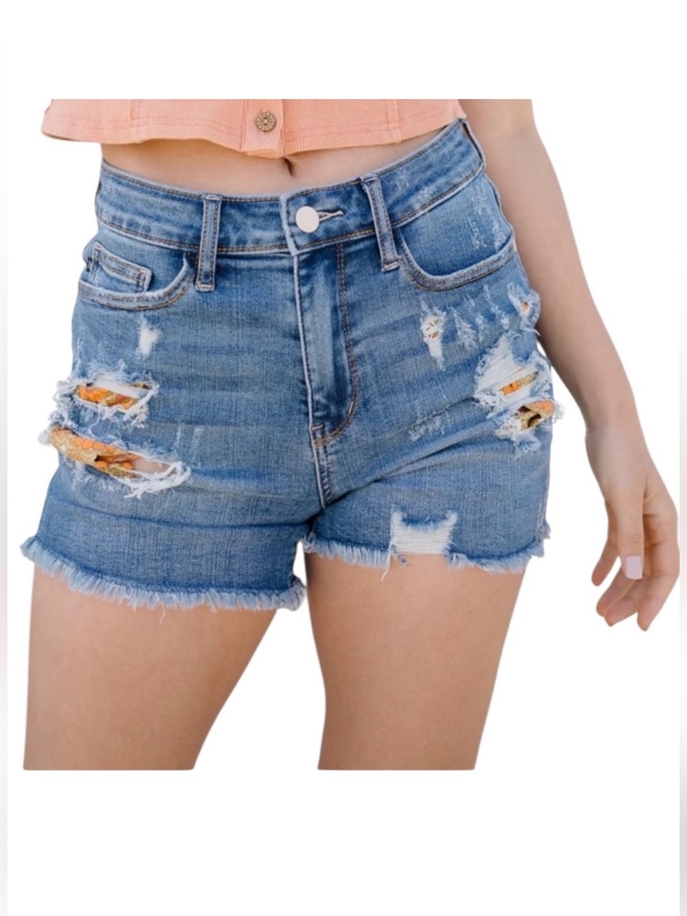 JUDY BLUE Jenah Floral Printed Pocket Lining Distressed Jean Shorts L